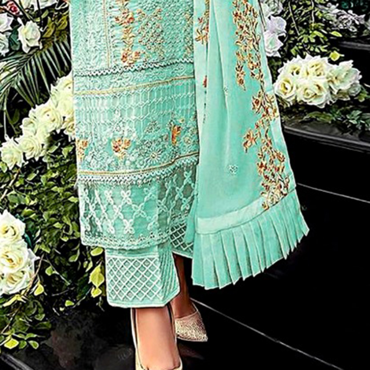 Latest Georgette Paste Color Dress - Computer Embroidery Work - Free Size Exclusive Designer Collection - Suitable for All Occasions and Seasons. 