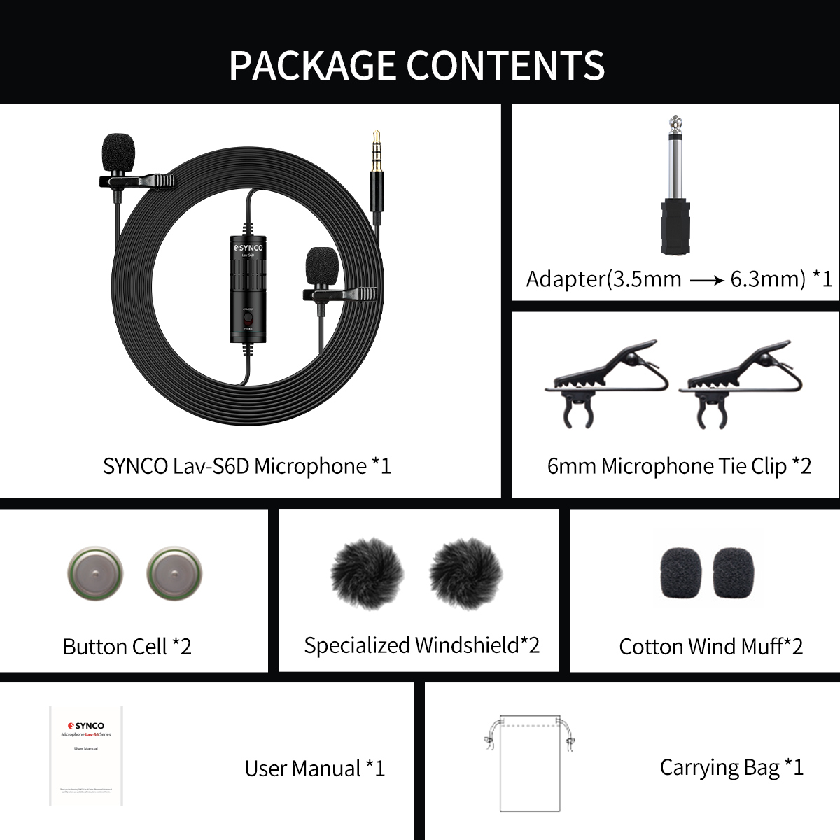 Synco Lav-S6D Dual Lavalier Omnidirectional Condenser Microphone. 