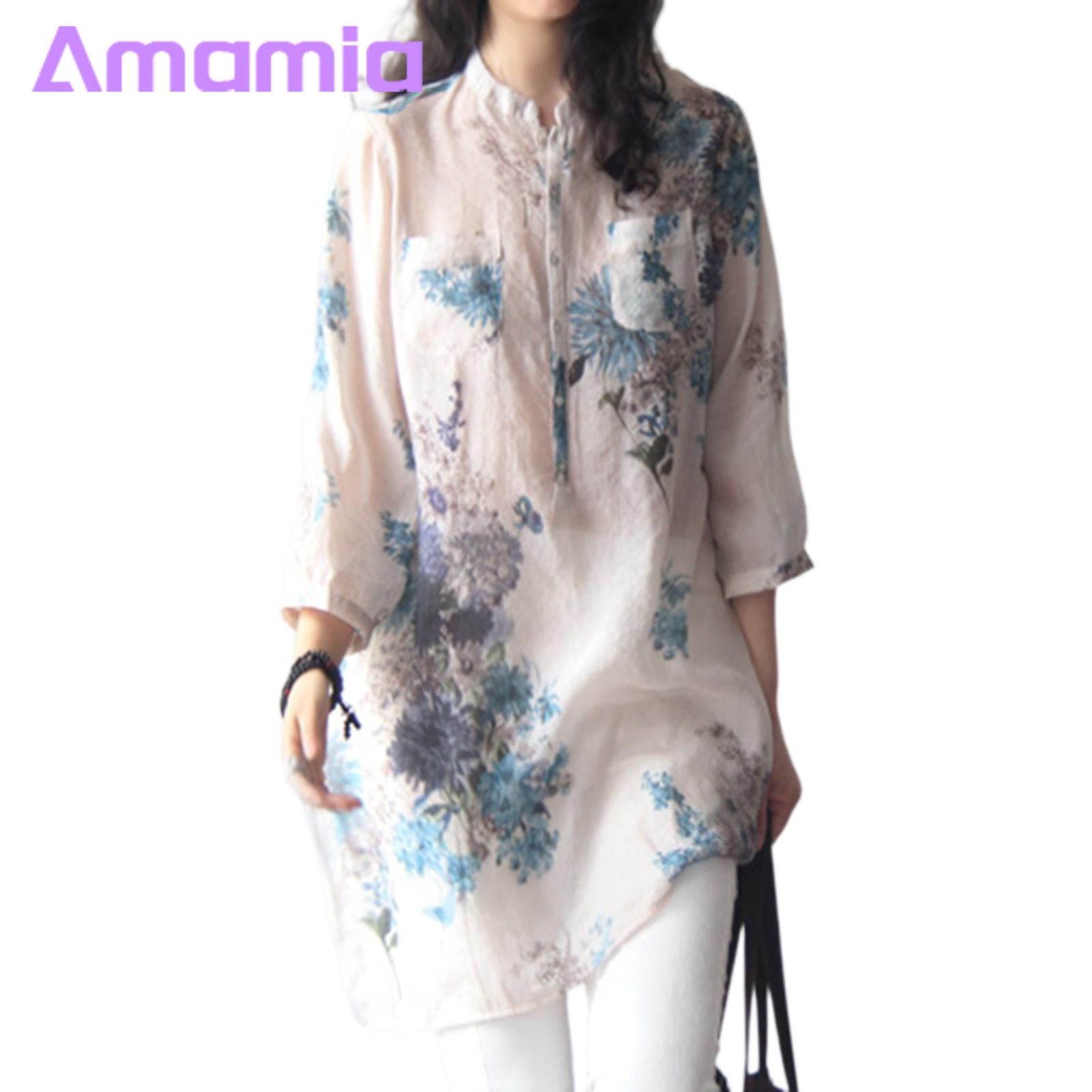 Womend-length Top Floral P t Stand Collar Blouse for Women Stylish 3/4 Sleeve Top with Patch cket ons Perfect for Stwear Fashiond-length Summer Shirt Women Shirt