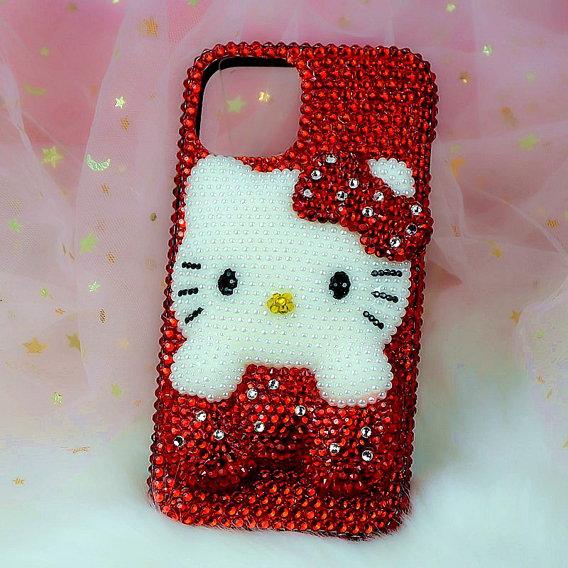 Applicable iPhone11 12 1314pro Max Apple 8plus Red Rhinestone Cat Phone Case All Inclusive. 