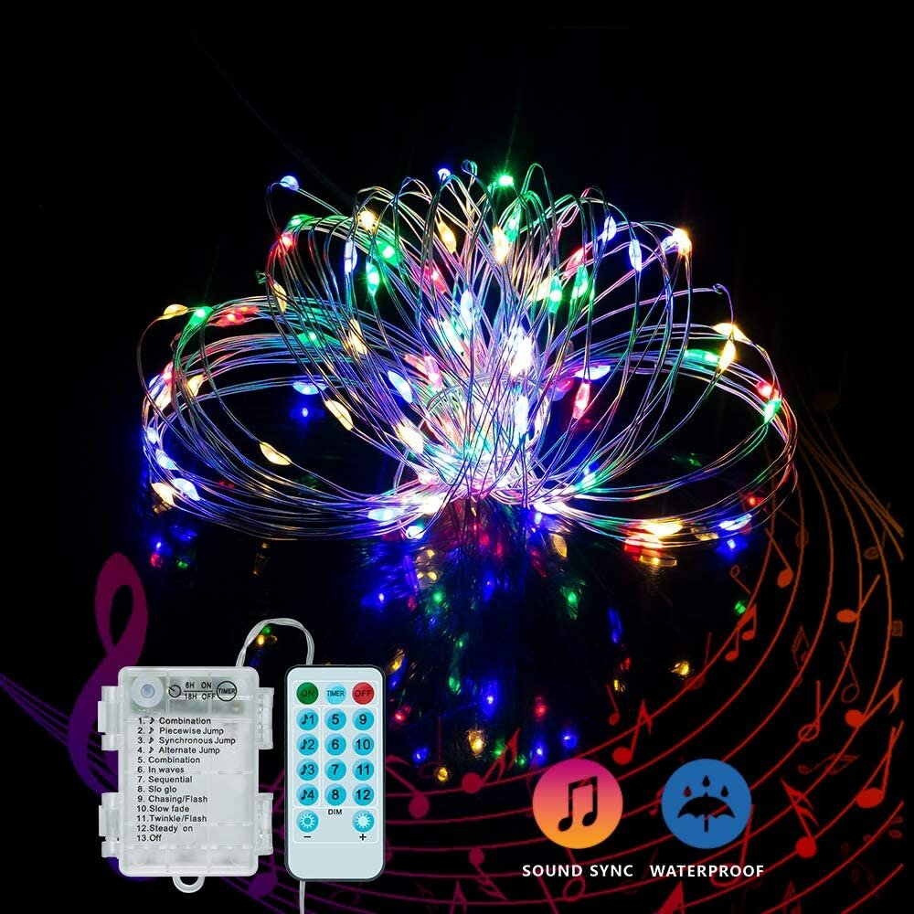 YOZATIA 50/100LEDs 32.8ft Christmas Decorative LED tring Lights ound Activated Music 12 Modes Waterproof ilver Wire Multicolor USB Powered Fairy Lights with Remote Control for Home Party Birthday Wedding Decor