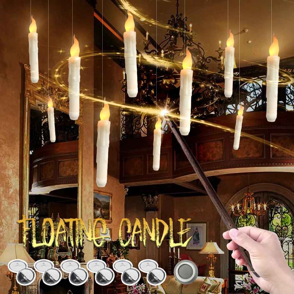 LED Floating Candles with Magic Wand Flameless Taper Candles Battery Operated Remote Timer Electric Hanging Window Candles Decor