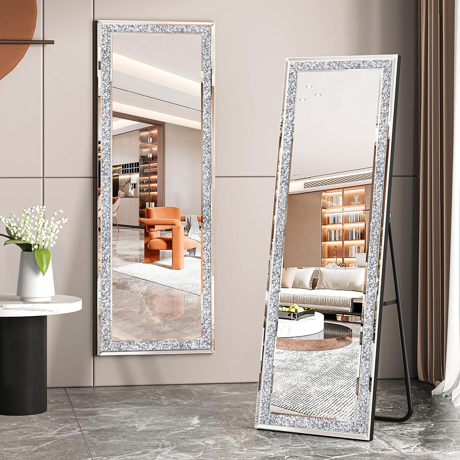 Full Length Mirror- 65 x 21.6 Crystal Crush Diamond Floor Mirror with Standing Silver Large Full Body Mirror. 