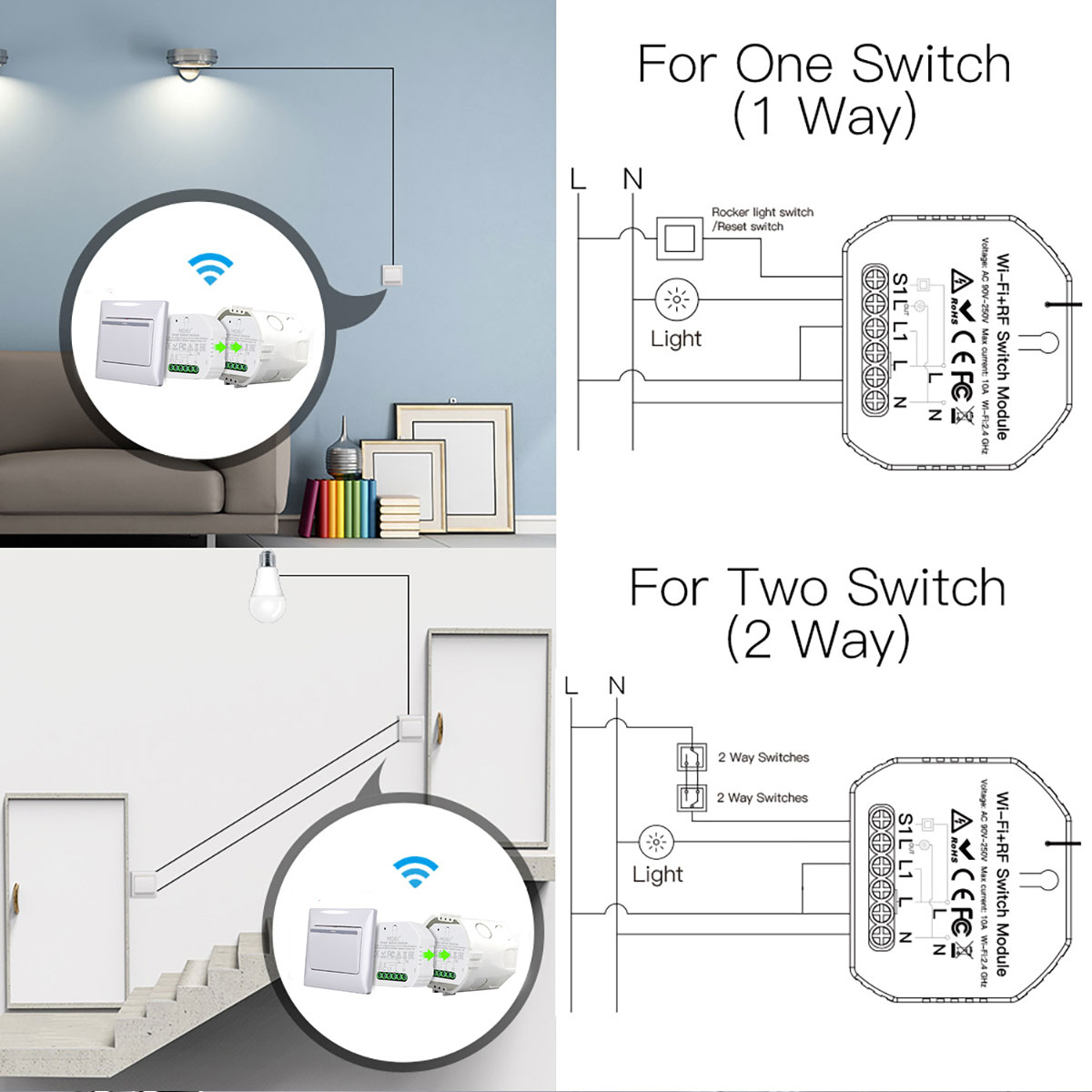 MS-104 AC90-250V 1CH 2.4G Wifi + RF433 10 Amp Smart Automatic Switch Module. 