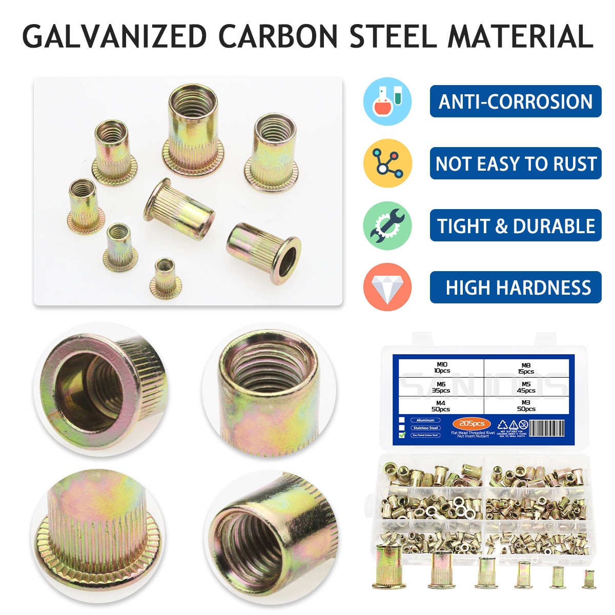 205Pcs Flat Head Threaded Rivets Nut M3 M4 M5 M6 M8 M10 Stainless Steel Rivnut Zinc Plated Rivet Nut Aluminum Insert Nutsert Kit. 