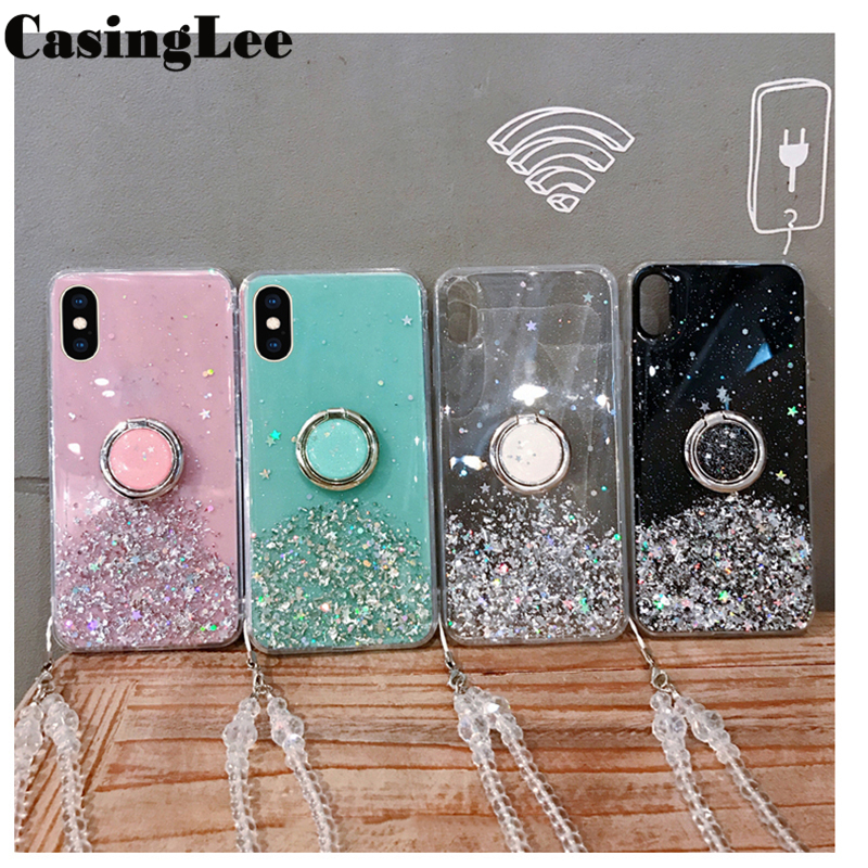 Casinglee for Samsung Galaxy A70 case Shiny Ring Glitter Soft Transparent Holder Stand Back cover with String for Samsung A70 Phone cases cover Stars Moon Girls. 