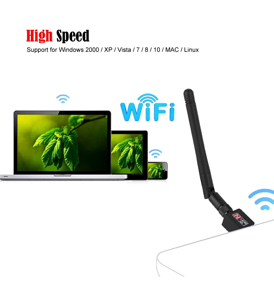 Network Adapter USB2.0 Wifi Receiver, Realtek 2.4 GHz 300Mbps Wireless Network WiFi Card Adapter for Windows 2000 / XP/Vista / 7/8 / 10 / Linux, Support 802.11b/g/n. 