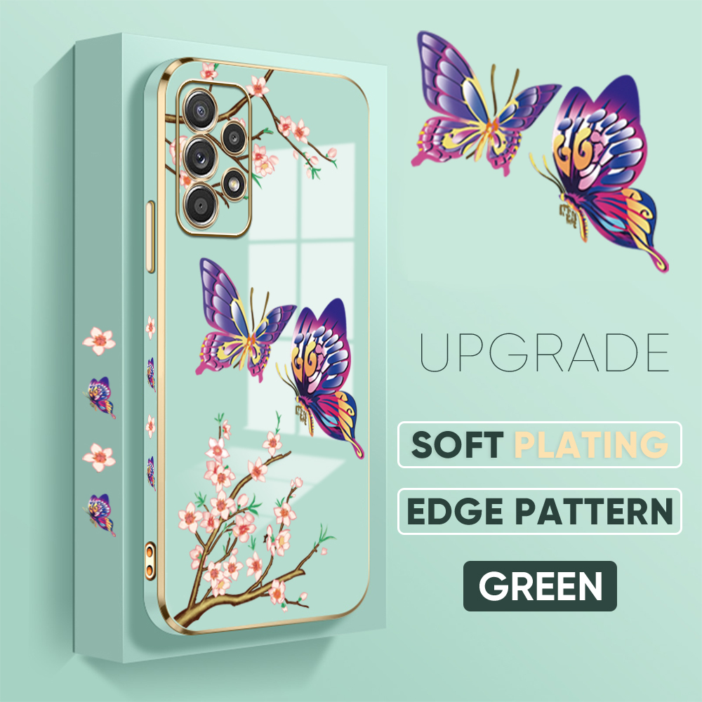 Jizetin (Free Lanyard) for Samsung Galaxy A52 A52 5G A52S 5G Back Cover Peach Blossom and Butterfly Luxury 6D Plating Case Side Pattern Soft Silicone Square Mobile Phone Cases