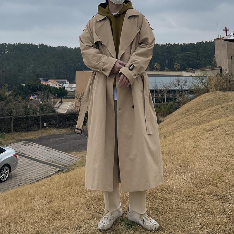 Autumn Korean Style Super Long Men's below the Knee Trench Coat Youth Trendy Handsome Jacket Double Breasted Loose Lace-up Overcoat. 