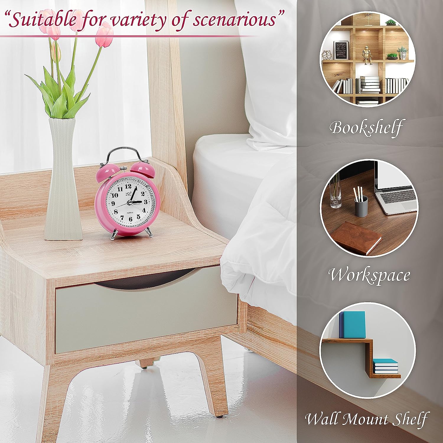 Classic Double Metal Bell Desk Table Loud Alarm Clock with Night Light Function. 