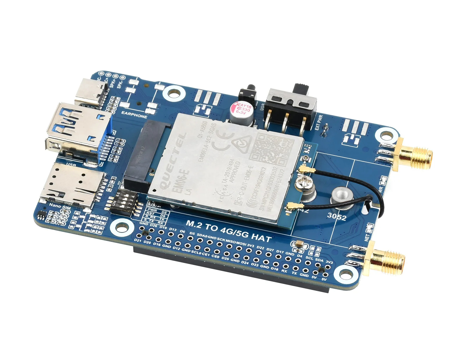 Waveshare EM06-E LTE Cat-6 HAT for Raspberry Pi, Dual Antennas LTE-A, Multi Regions Multi Band,