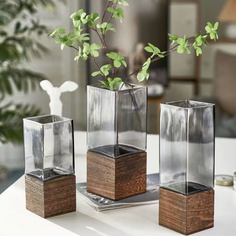 Creative Simple Wooden Pallet Glass Vase Contorted Willow Primary Color Decoration Aquatic Flowers Rose Flower Arrangement in Living Room and Dining Table Decoration. 