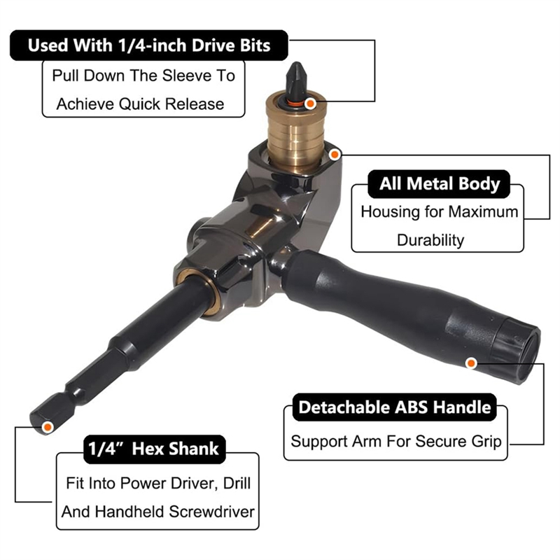 Right Angle Drill Attachment, All Metal Body 90 Degree Drill Adapter with Detachable Handle, Drill Bit Corner Adapter Durable Easy Install Easy to Use. 