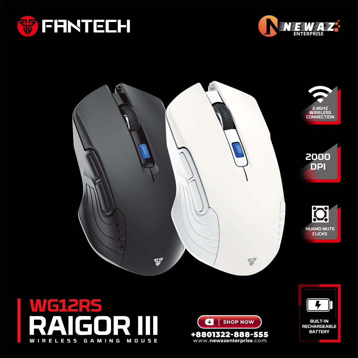 FANTECH WG12RS Raigor III Wireless Gaming Silent Mouse Pixart 3065 2000DPI Wired Mouse Poling 125Hz Macro Button Mice. 