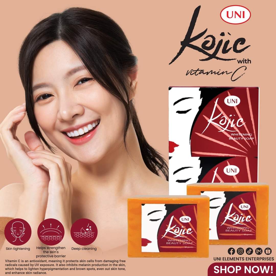 Kojic Whitening Soap with Vitamin C permanent whitening (Men & Women) face and body soap for instant result of popular Philippine's Uni brand 90 gm,  Lightening, Instant whitening, tan removal, pigmentation reducing soap bar. 