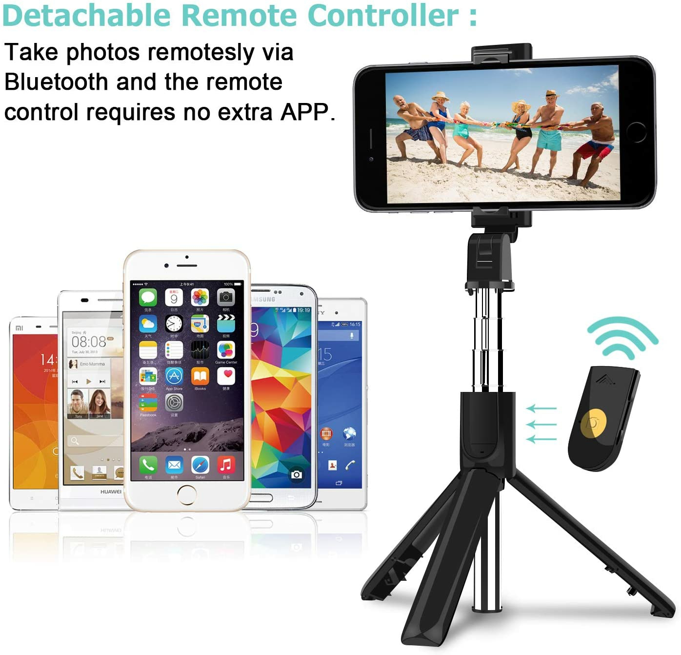 K07 Selfie Stick, Extendable Bluetooth Selfie Stick Tripod with Detachable Wireless Remote and Tripod Stand for Travel. 