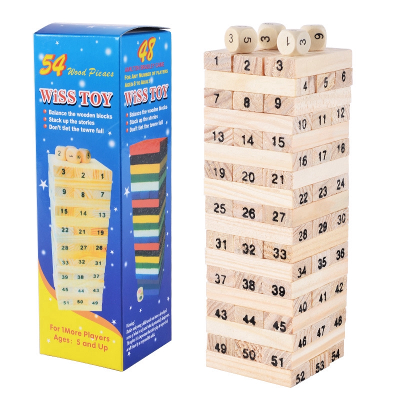 54 Pcs Mini Wooden Number Stacking Jenga Tower Building Block Kid Toys. 