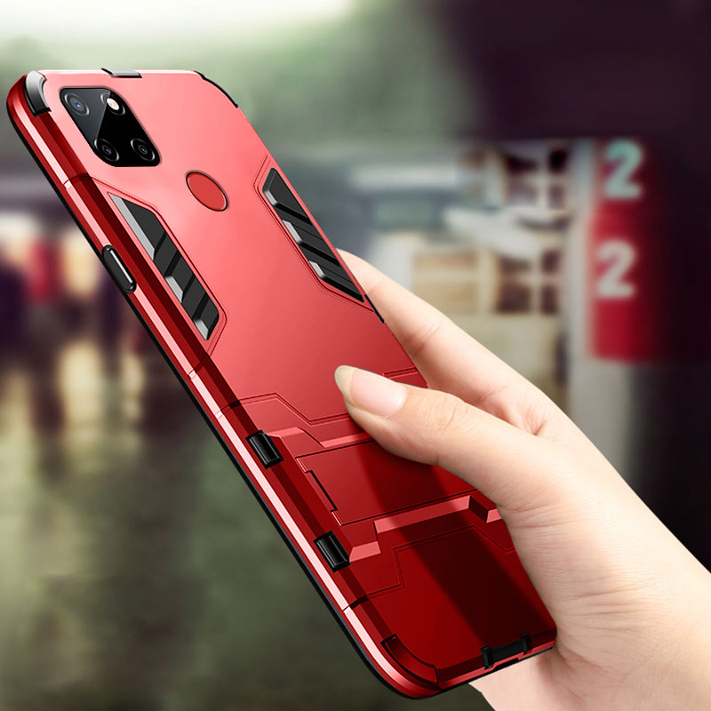 Biruiqu For Realme C12 Soft TPU+Hard PC Shockproof Slim Protective Case Cover with Kickstand