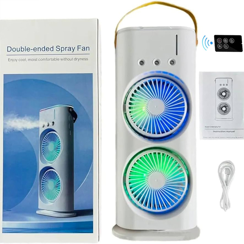 Rechargeable Double Head Spray Cooling Fan with Remote Control – USB Portable Mist Fan for Home, Office & Outdoor | Disnie DRMF-63USB Mini Air Cooler. 