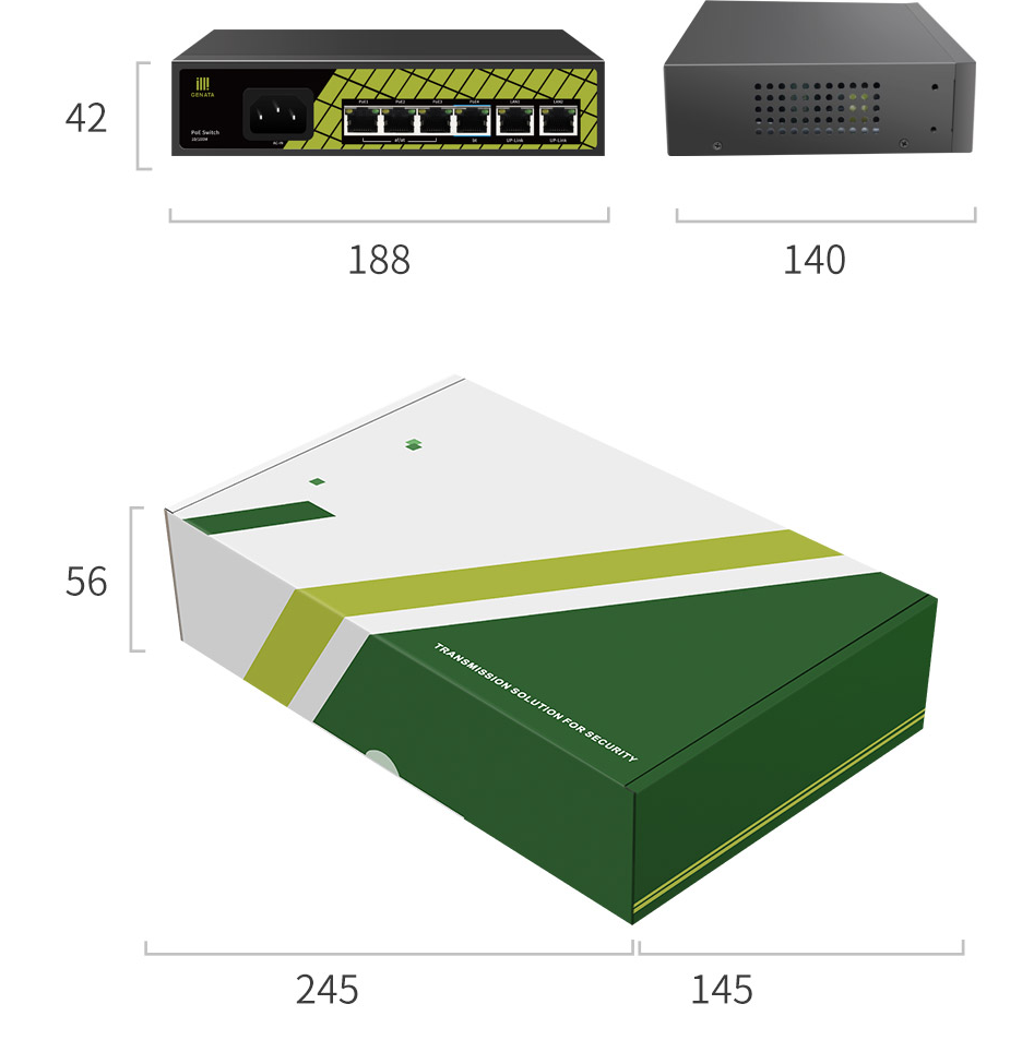 Geneta 6 port PoE Switch, 4FE+2FE Uplink ,Auto Adaption 250mc. 