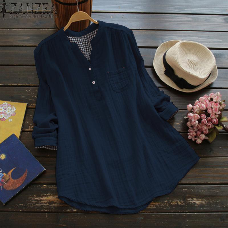 Women Casual Long Sleeve Cotton Blouse 
