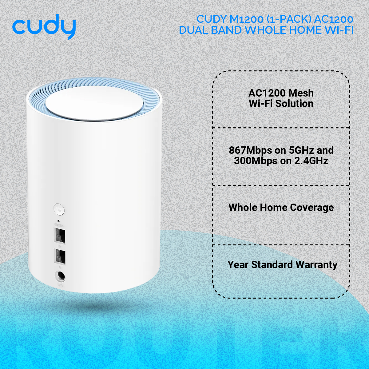 Cudy M1200 (1-pack) AC1200 Dual Band Whole Home Wi-Fi Mesh System - 867Mbps on 5GHz and 300Mbps on 2.4GHz - 2 Internal Antennas - White. 