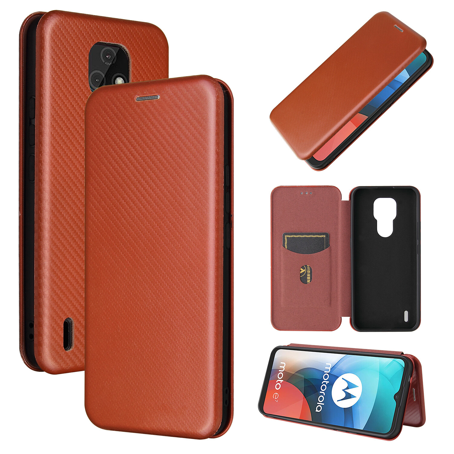 lthmy for Motorola Moto E7 Carbon Fiber Magnetic Closure with Card Slot Flip Case Cover