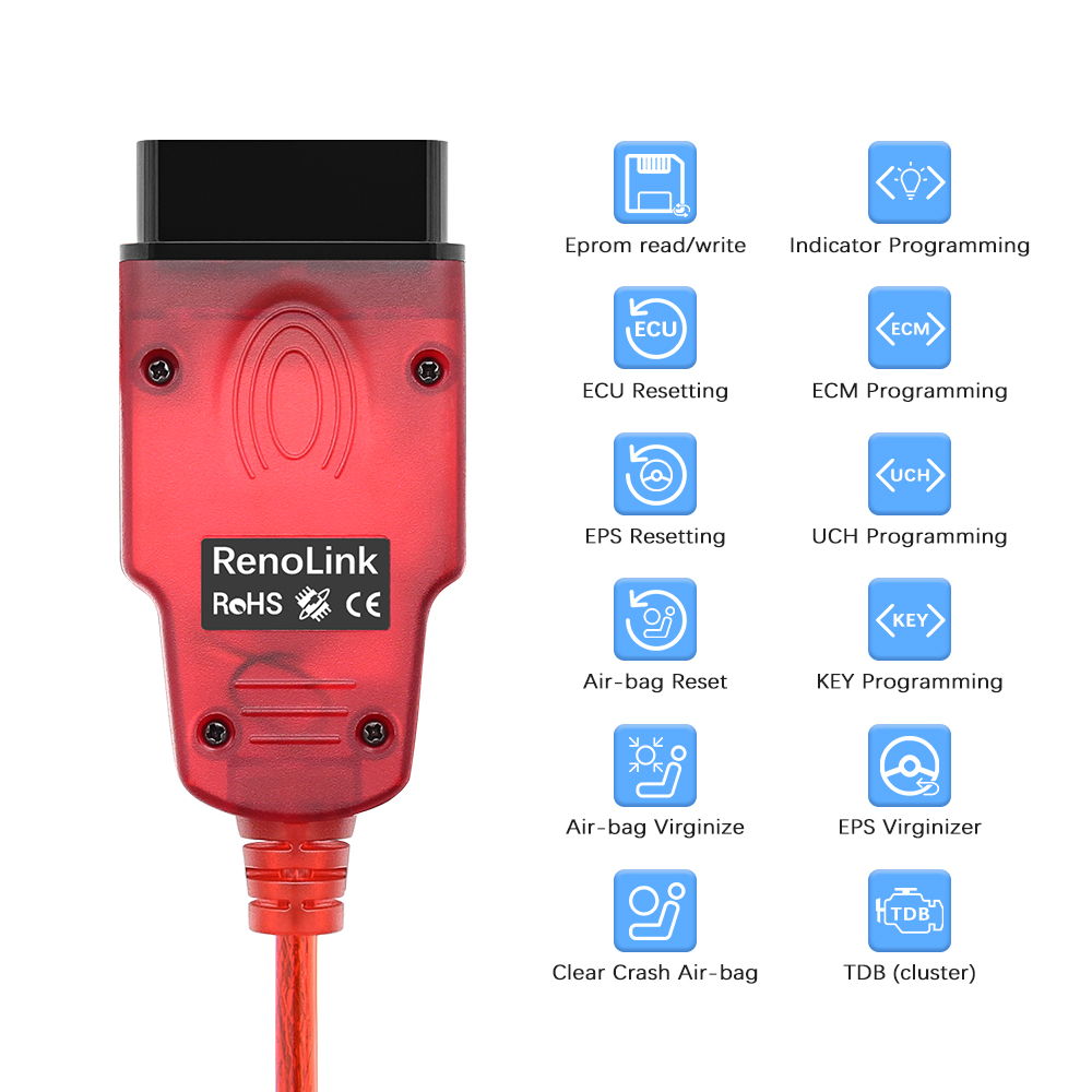 Renolink V2.10 OBD2 Diagnostic Cable Tools Airbag ECM UCH Key Code ECU Reset Programmer USB Interface for Renault. 