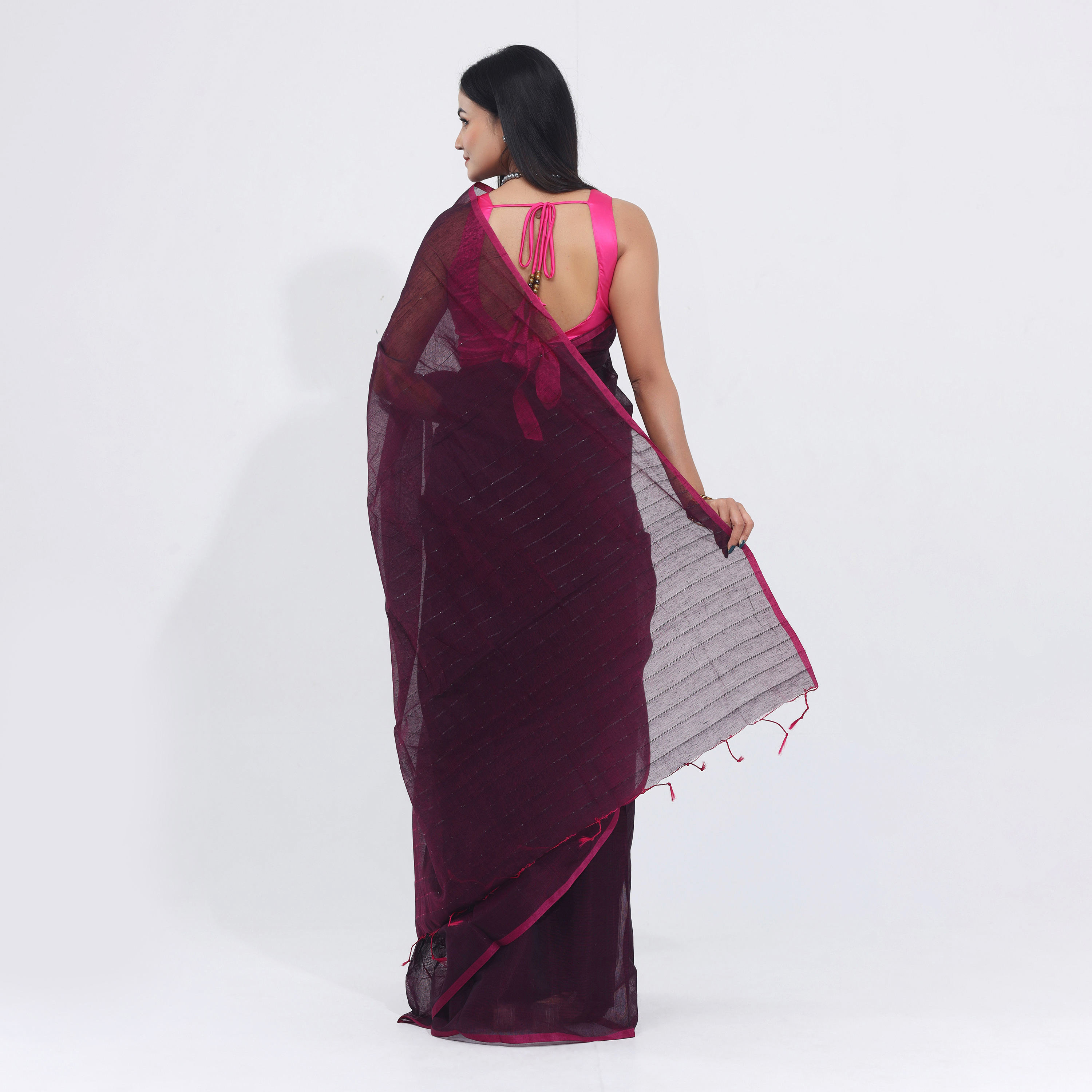 Elegance Redefined-Trendy Collection Tangail Tant Half Silk One Color Chumki Saree -Suitable for Every Season. 