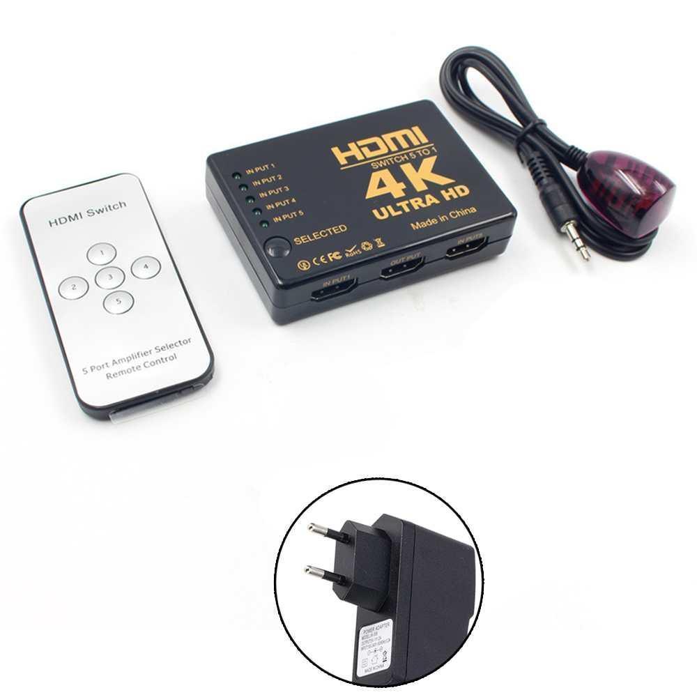 5 In 1 HDMI Switcher 1080p 5 Port 4K HDMI Switch Switcher Selector Splitter With Hub IR Remote FOr HDTV DVD EU PLUG. 