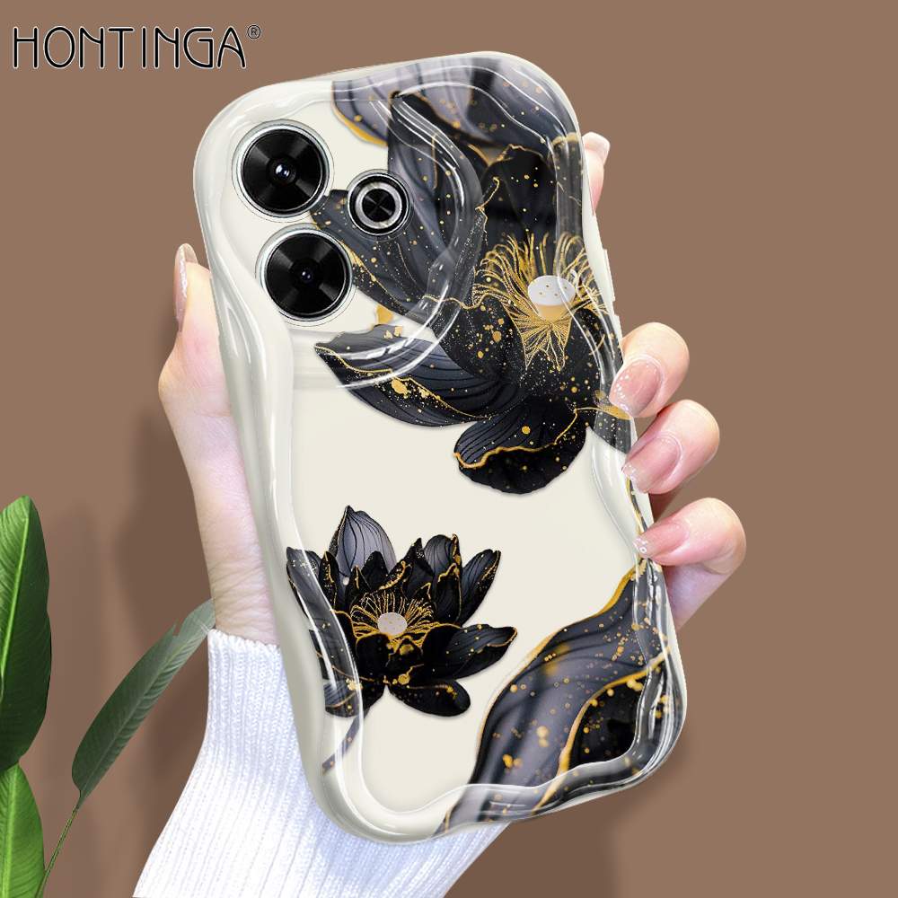 Hontinga for Redmi 13 Xiaomi Poco M6 4G Back Cover Luckly Lotus Flowers Cream Texture Phone Case Wavy Edge Soft Silicone Cover