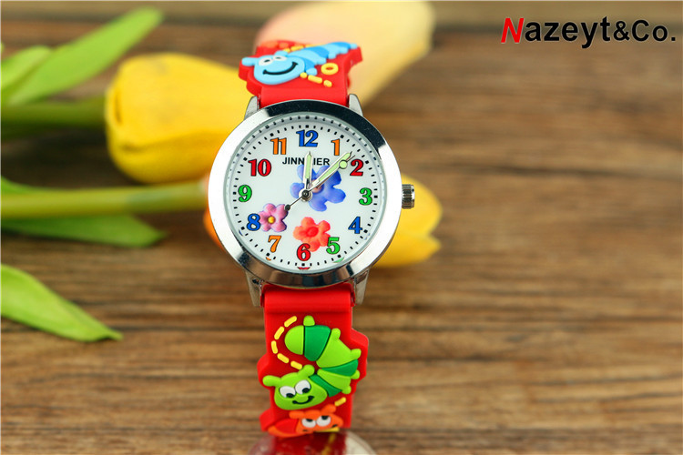 Children's Simplicity Flower Luminous Pointer Quartz Watch 3D Bug Pattern Strap Silicone Watch. 