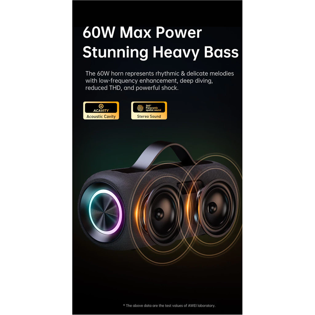 Awei KA10 Wireless Bluetooth Speaker RGB Outdoor Speaker Bass 60W BT 5.3 Portable Speaker. 
