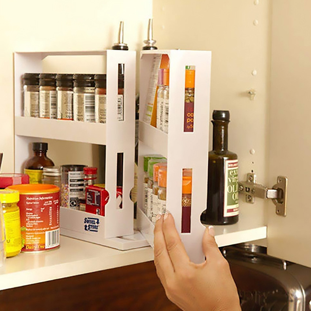 Cabinet Caddy (white)- Modular Rotating Spice Rack Organizer, Two 2-Tiered Shelves, Non-Skid Base