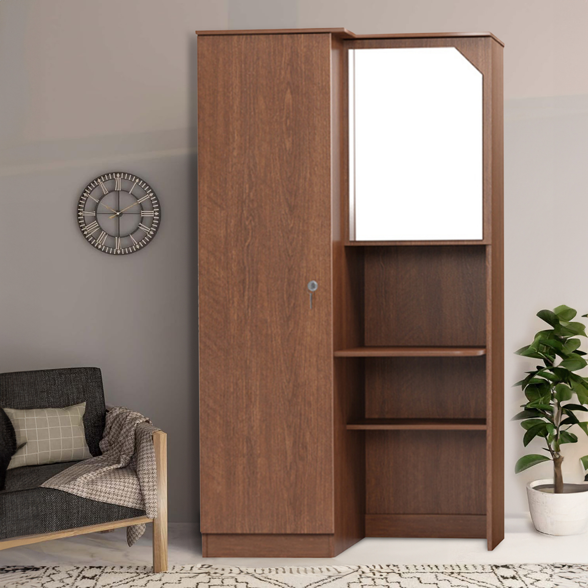 Modern Single Door Almirah and Two Shelves With Mirror | Book Shelf | Shelves | Mirror by Family Furniture