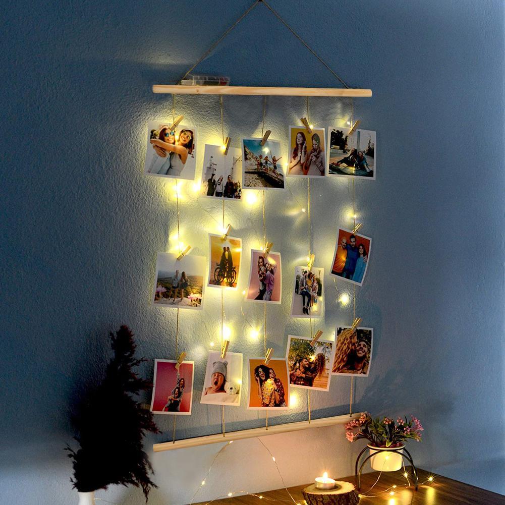 Handmade Wood Drawstring Illuminated Photo Hanger Clips String Collage Display Light Led Clip Photo Hanging Wall Photo Frame--40cm--. 