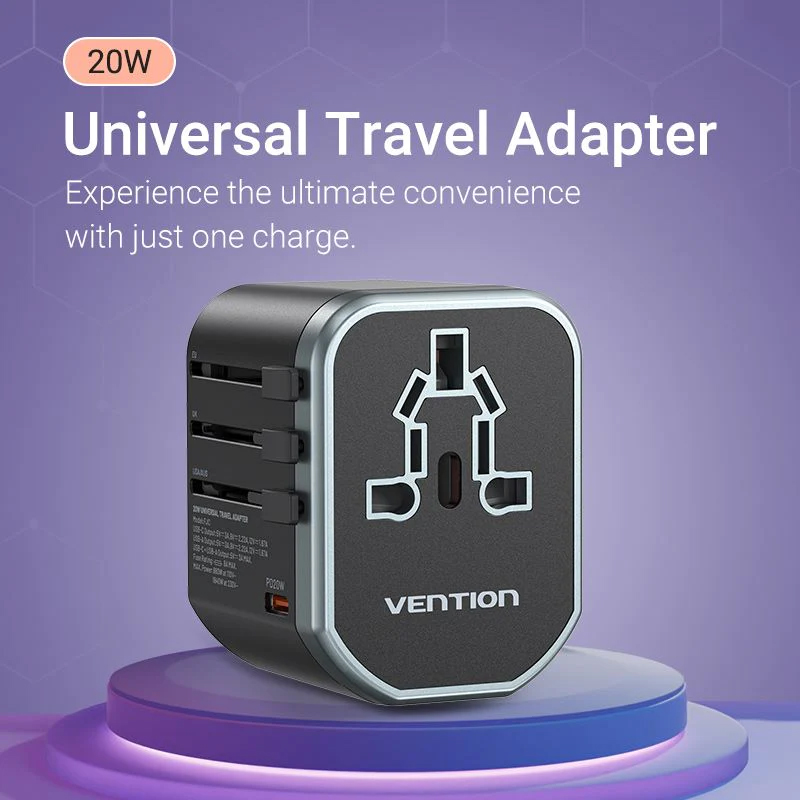 Vention FJCB0 3-Port USB (C + A + A) Universal Travel Adapter (20W/18W/18W) - Black - Universal Travel Adapter - Fast Charging for All Three Ports. 