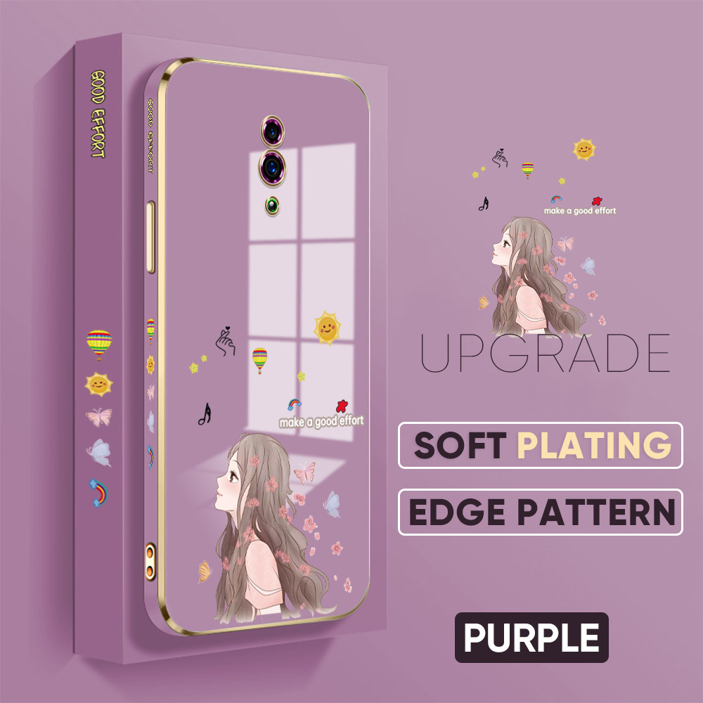 TA for OPPO Reno Back Cover + Free Lanyard Charming Girl Luxury 6D Plating Case Side Pattern Soft Silicone Square Phone Cases. 