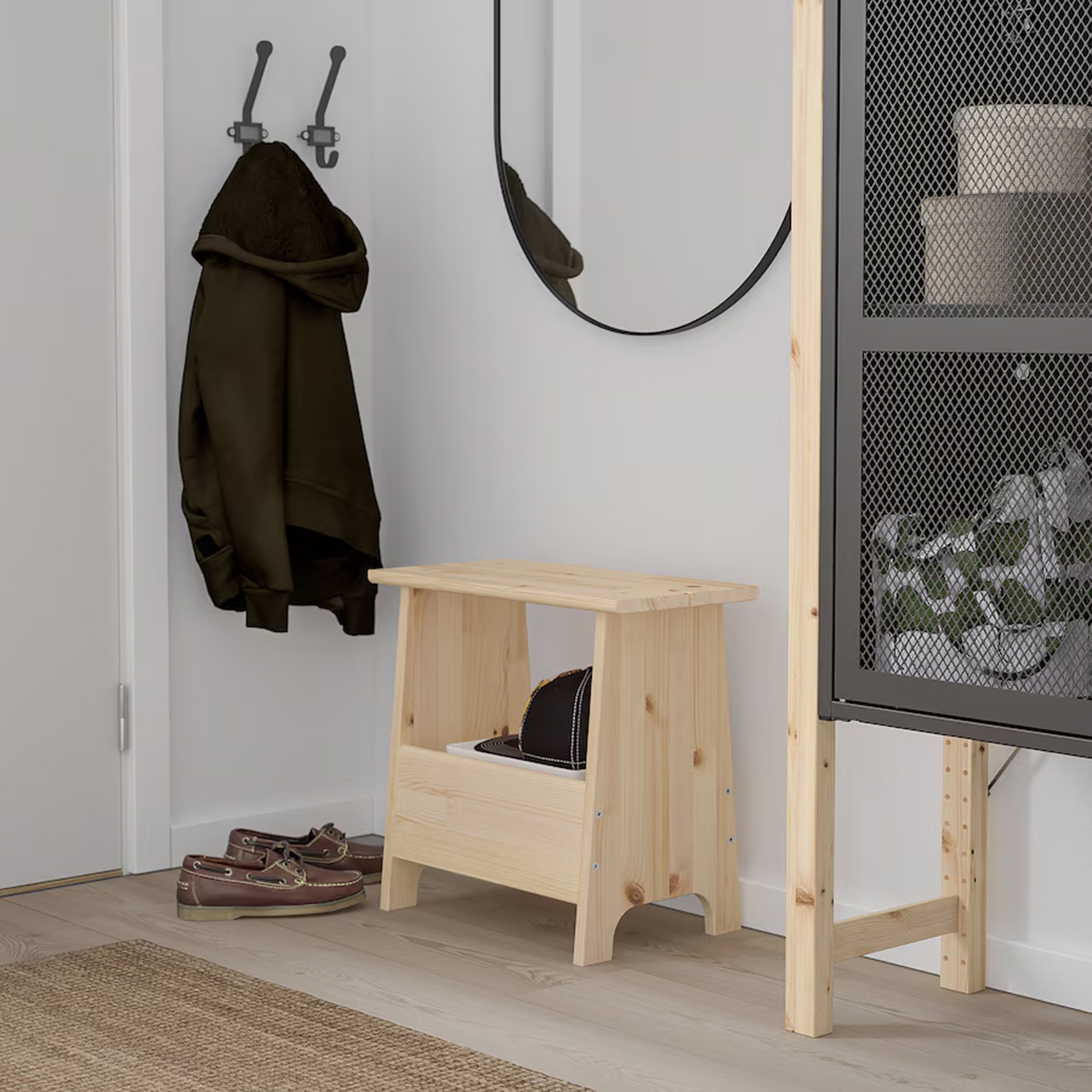 PERJOHAN Stool with storage, pine Melamine Laminated Board (Standard Size). 