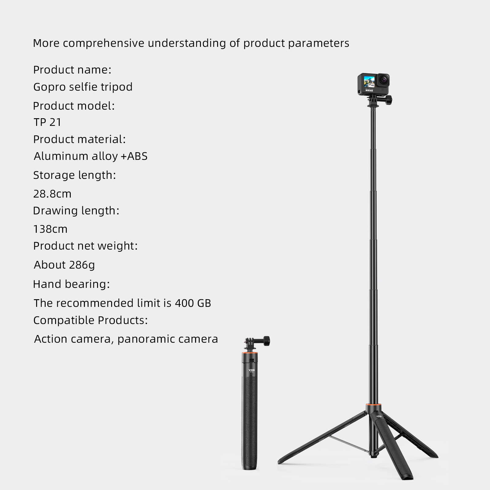 VRIG TP-21 Extendable Selfie Stick Tripod for GoPro Max Hero 10 9 8 7 6 5 4, DJI Osmo Action, Insta 360 One R and More Action Camera（55.1''）. 