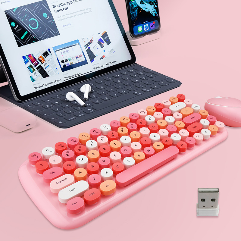 mofii Ferris Hand Office Mini Wireless 2.4G Keyboard & Mouse Set Round Keycaps Girl Pink Wireless Keyboard. 