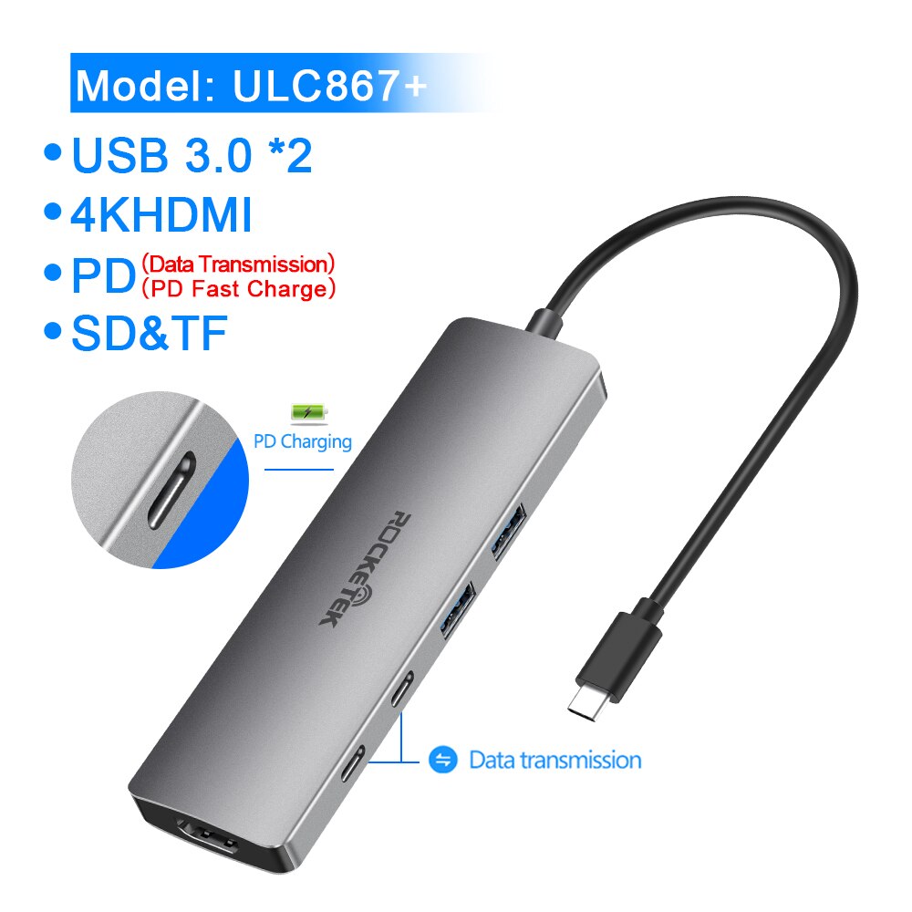 【VisioN Shop】Rocketek Type C USB HUB to 4K HDMI-compatible RJ45 Adapter Dock MacBook Pro PD 3.1 Port SD/TF Micro SD Card reader. 