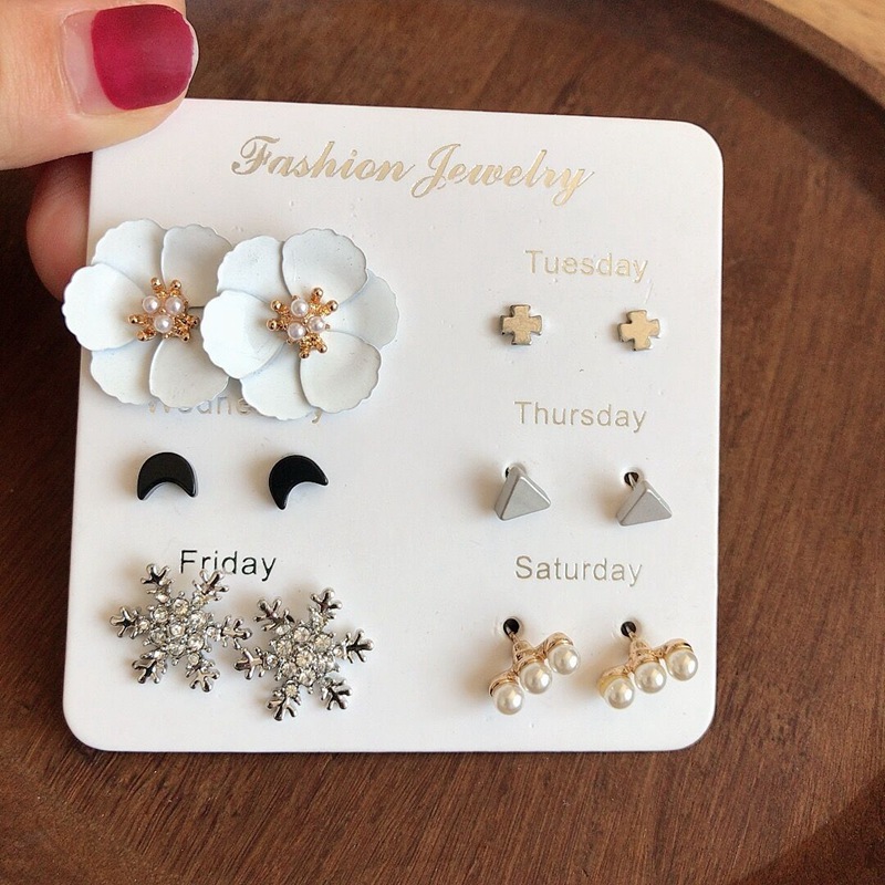 MENGJIQIAO New Arrive Fashion Korean One Week Stud Earrings For Women Cute Heart Moon Bowknot Pendientes Jewelry Gift 6pairs/lot