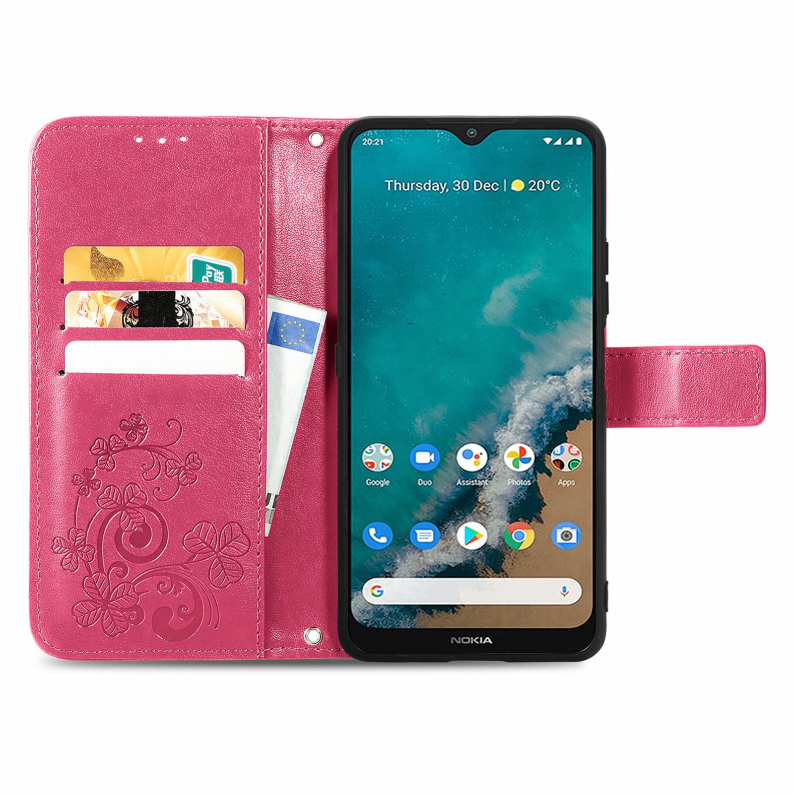 (New)For Nokia G50 Four-leaf Clasp Embossed Leather Case with Lanyard & Card Slots & Wallet & Holder(Magenta)
