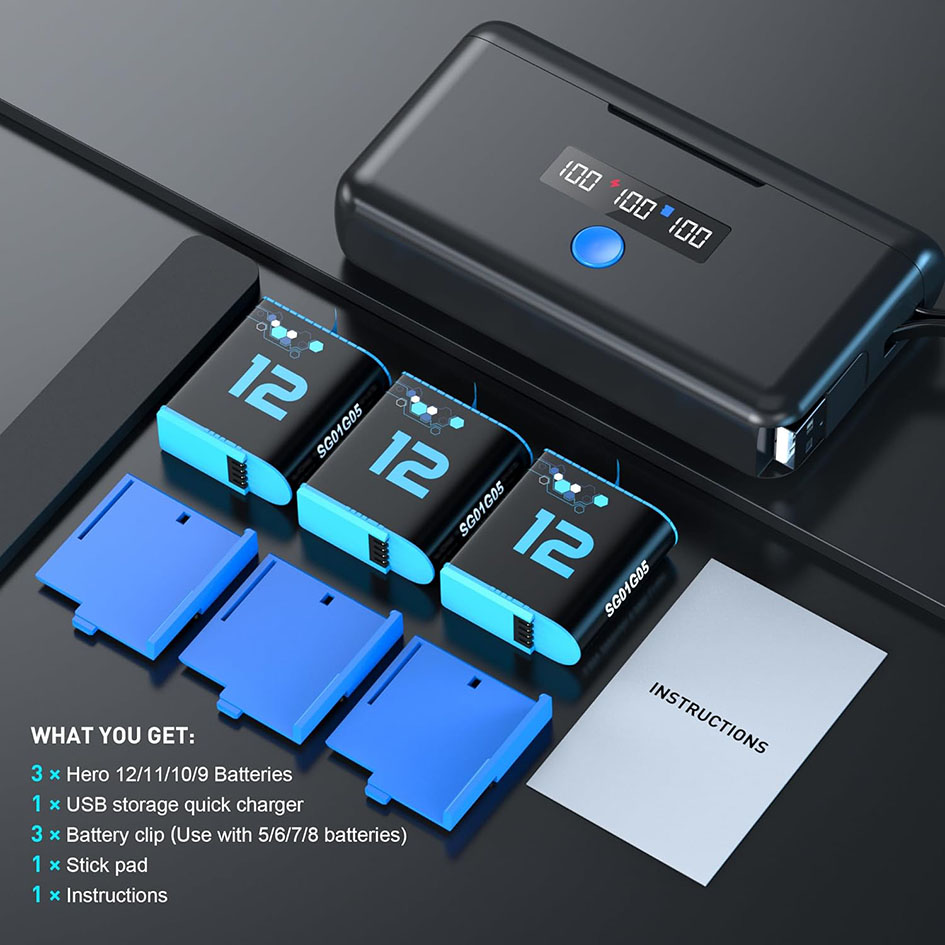 GoPro battery charger for GoPro Hero12 11 10 9 8 7 6 5battery3slot TF card battery storage charger box for Gopro series batterie. 