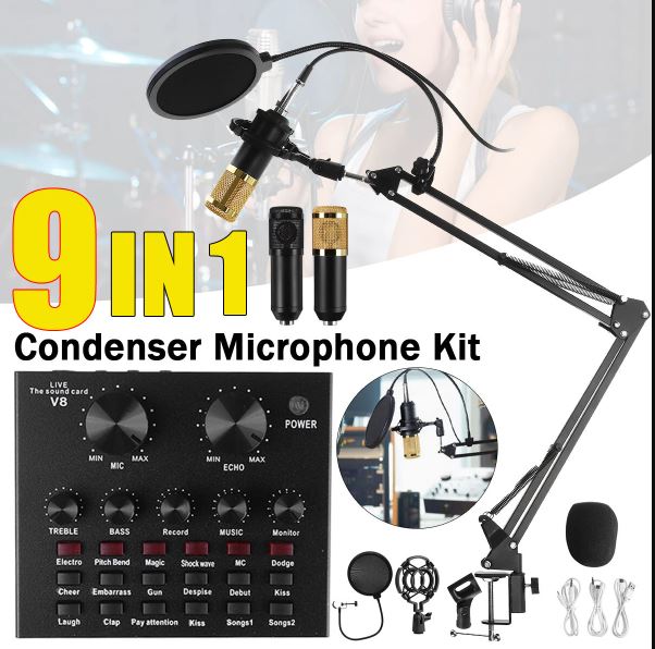 BM800 Condenser Microphone & V8 Sound Card Kit Muti-functional Bluetooth Sound Card for Studio Mobile Phone PC Laptop Record Live Broadcast Microphone BM 800 -Gold. 