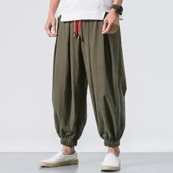 mens solid color baggy loose drawstring casual cotton harem pants