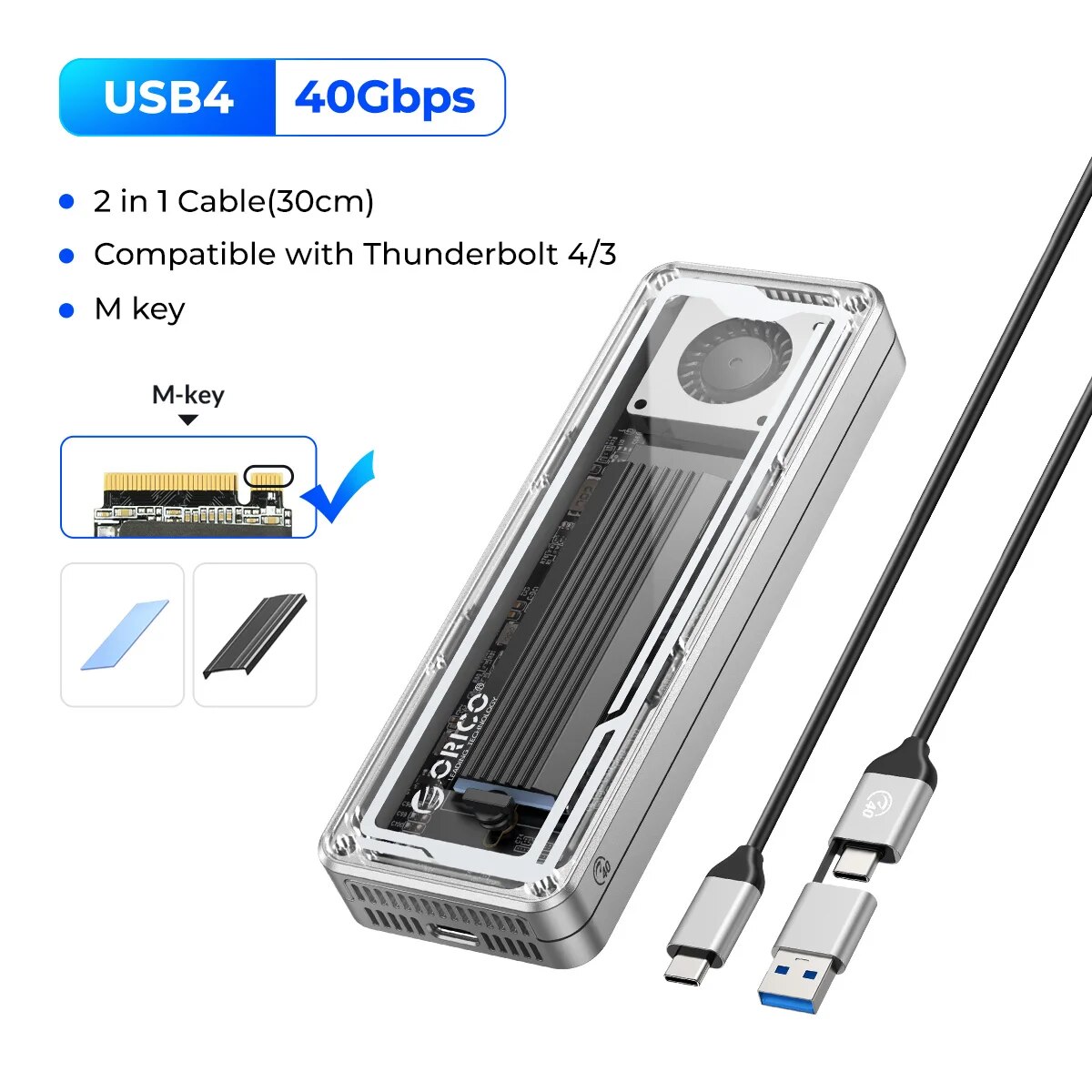 ORICO 40Gbps USB4 M.2 SSD Enclosure 8TB with with Cooling Fan PCIe4.0 NVME Enclosure Aluminum Compatible Thunderbolt 3/4 for mac. 