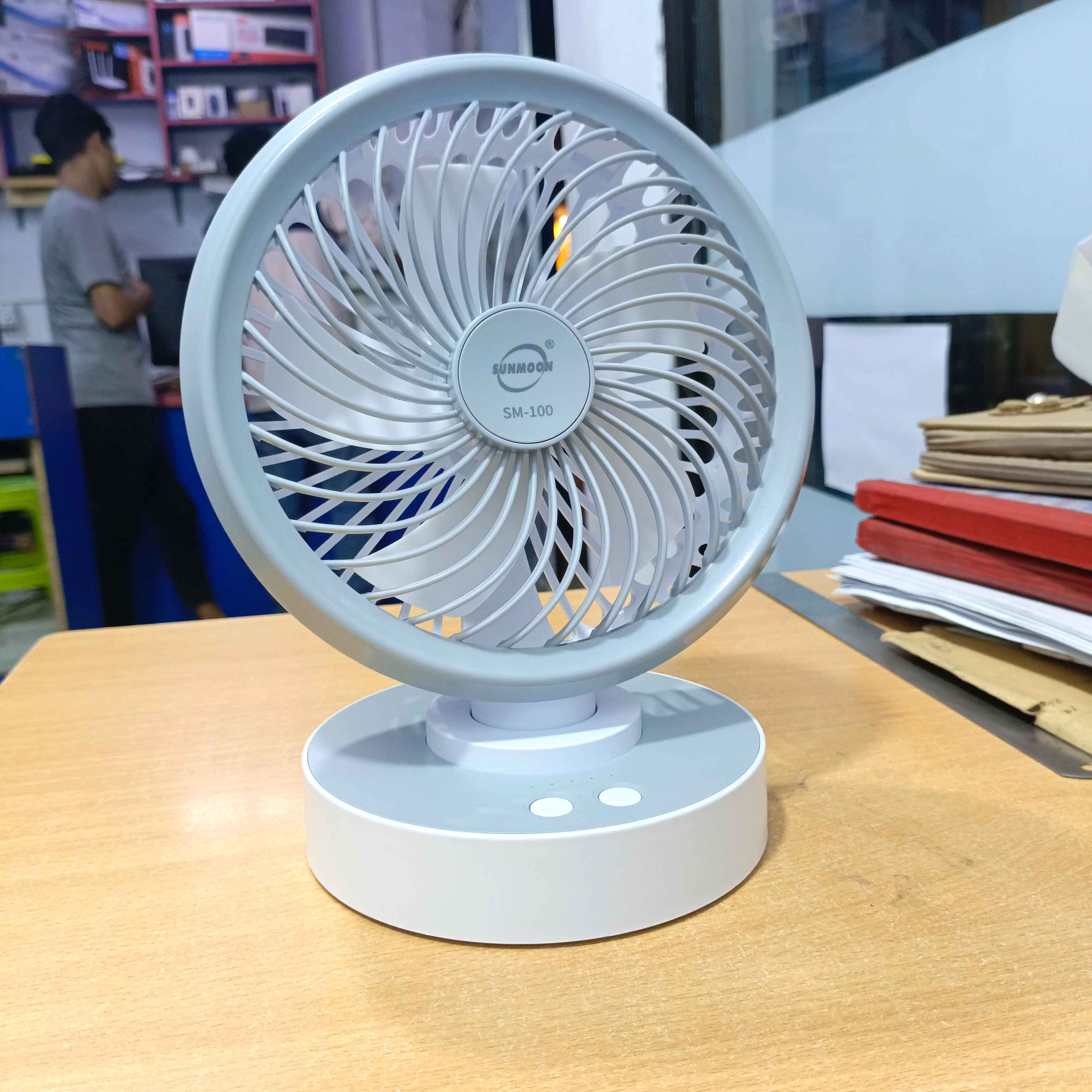 SUNMOON SM-9000 Rechargeable Mini Fan - 3.5 Hours Nonstop Mini Table Fan - Rechargeable Multiple Modes Portable Desk Fan - Strong Wind Left to Right Oscillating Angle. 