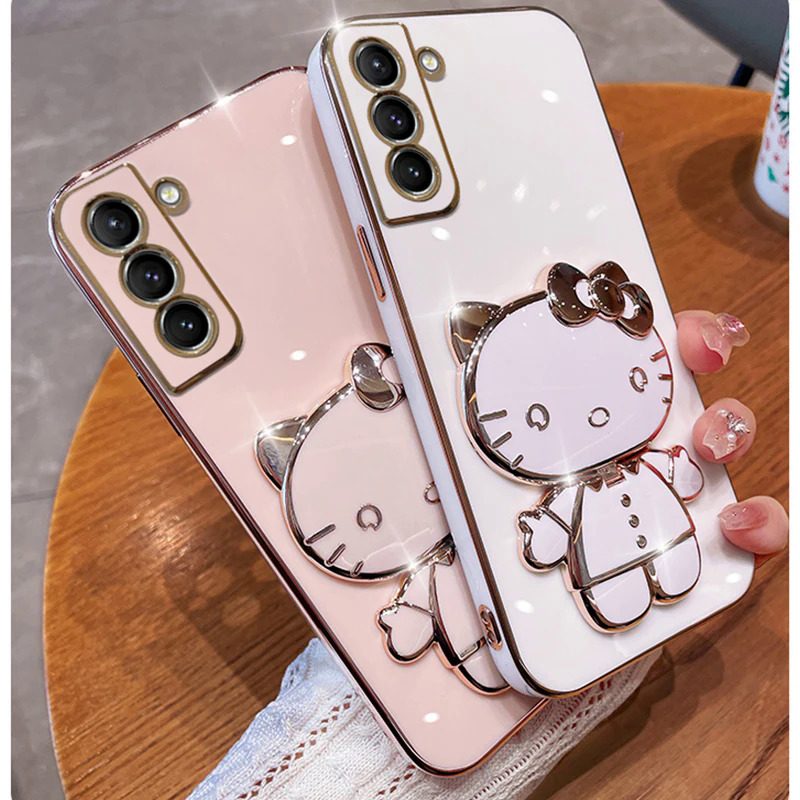 Plating Hello Kitty Phone Case for Samsung Galaxy S23 S22 Ultra S21 S20 FE S10 S9 S8 Note 20 9 8 Plus 10 Lite Mirror Rack Cover PCardiaCP. 